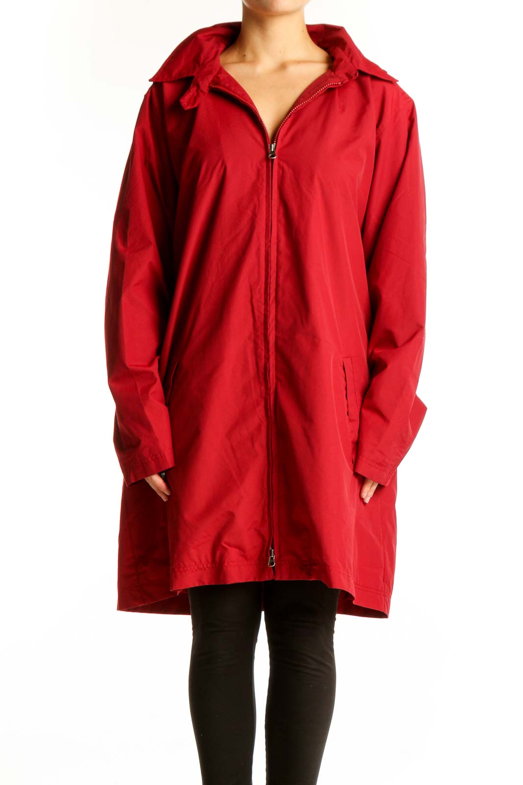Red Nylon Hooded Zip-Up Jacket Front