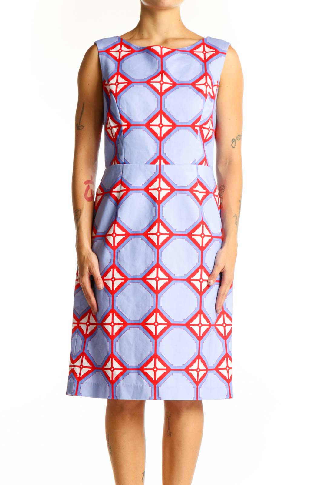 Blue Geometric Print Sleeveless Dress Front