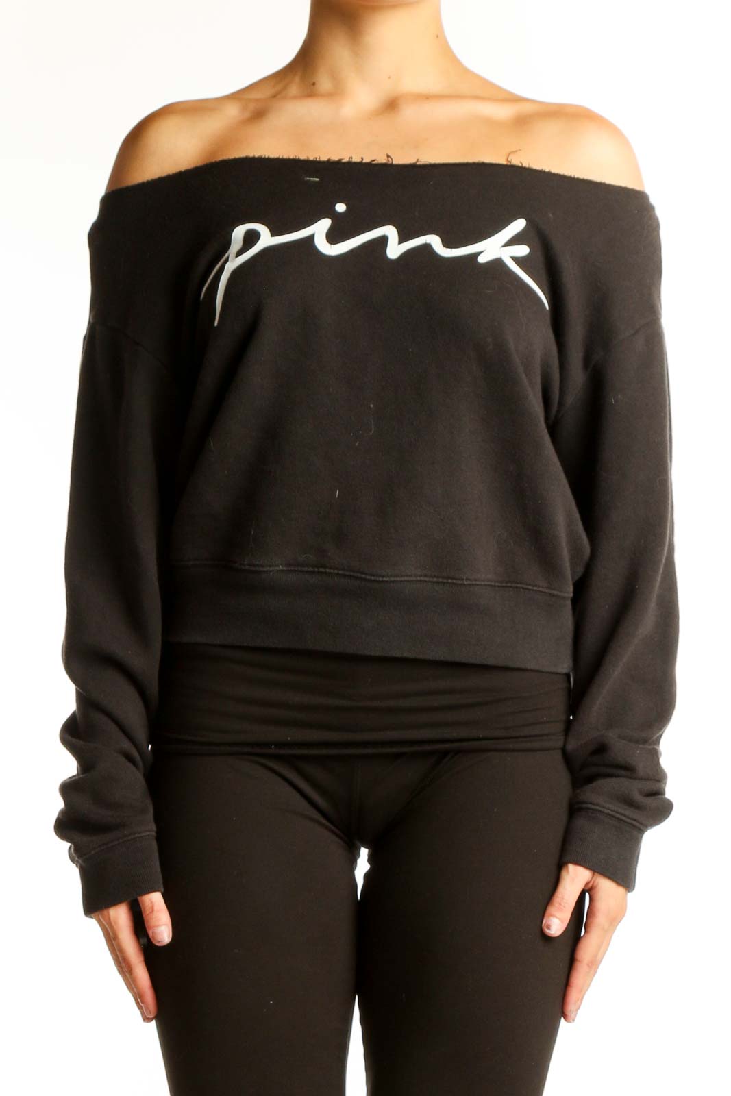 Black Off-Shoulder Cropped Sweatshirt Front
