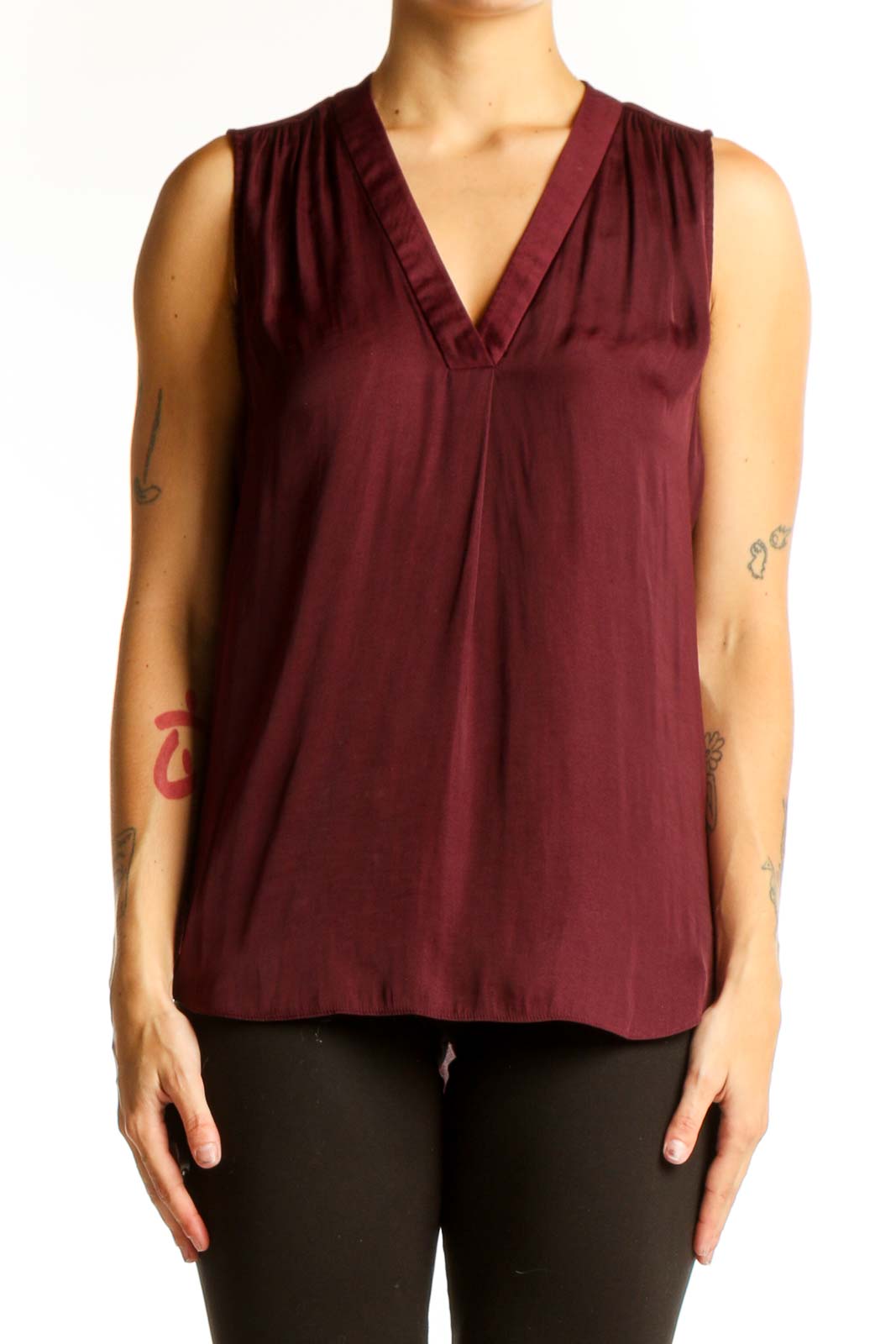 Burgundy V-Neck Sleeveless Polyester Top Front