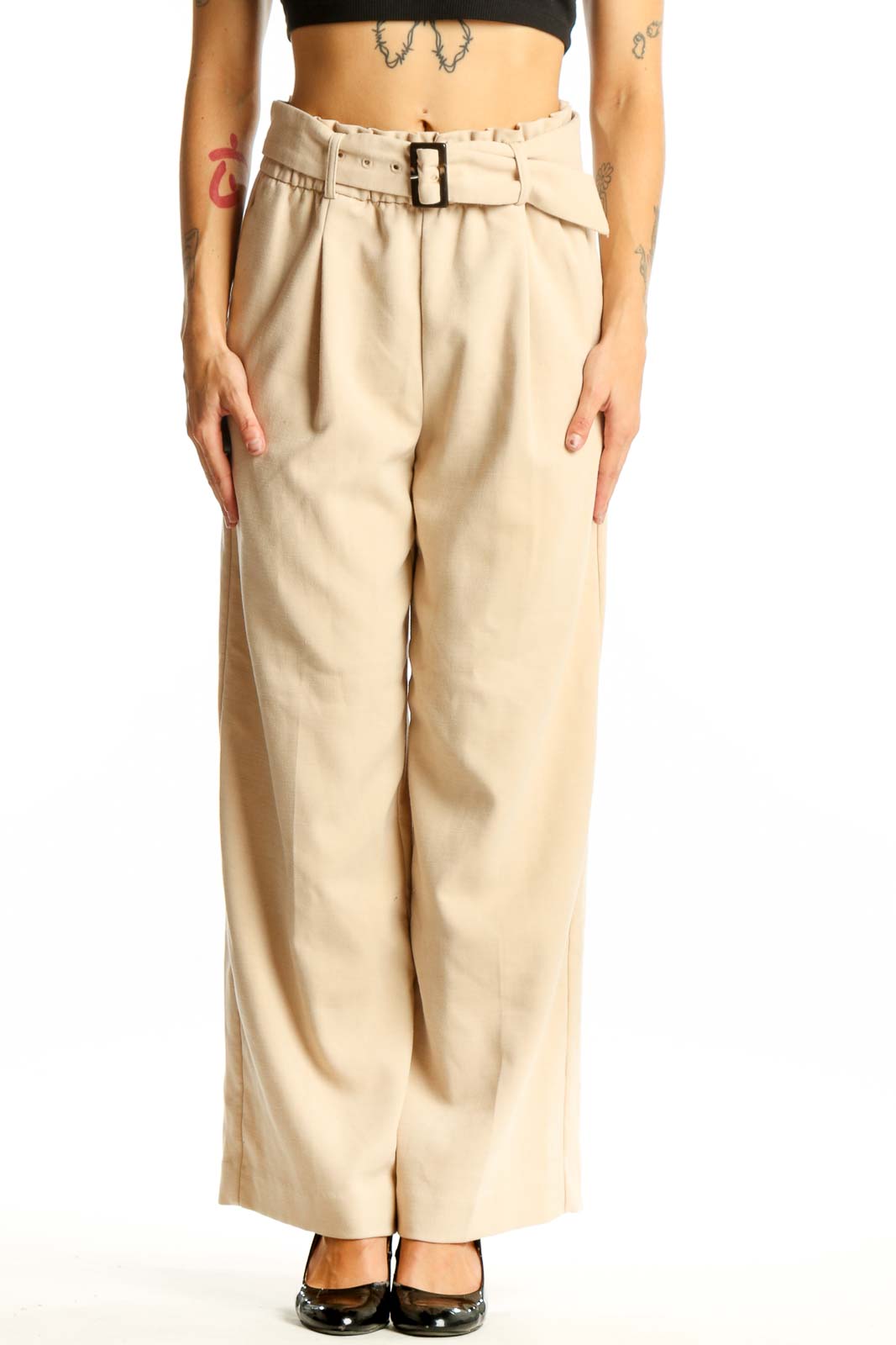 Beige High-Waisted Belted Wide-Leg Pants Front