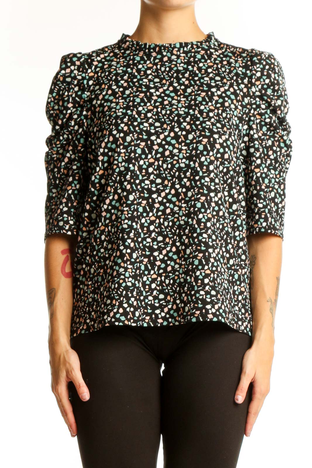 Black Floral Print Puff Sleeve Top Front