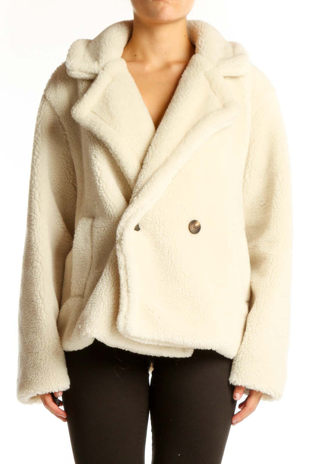 Cream Double-Breasted Teddy Coat Front