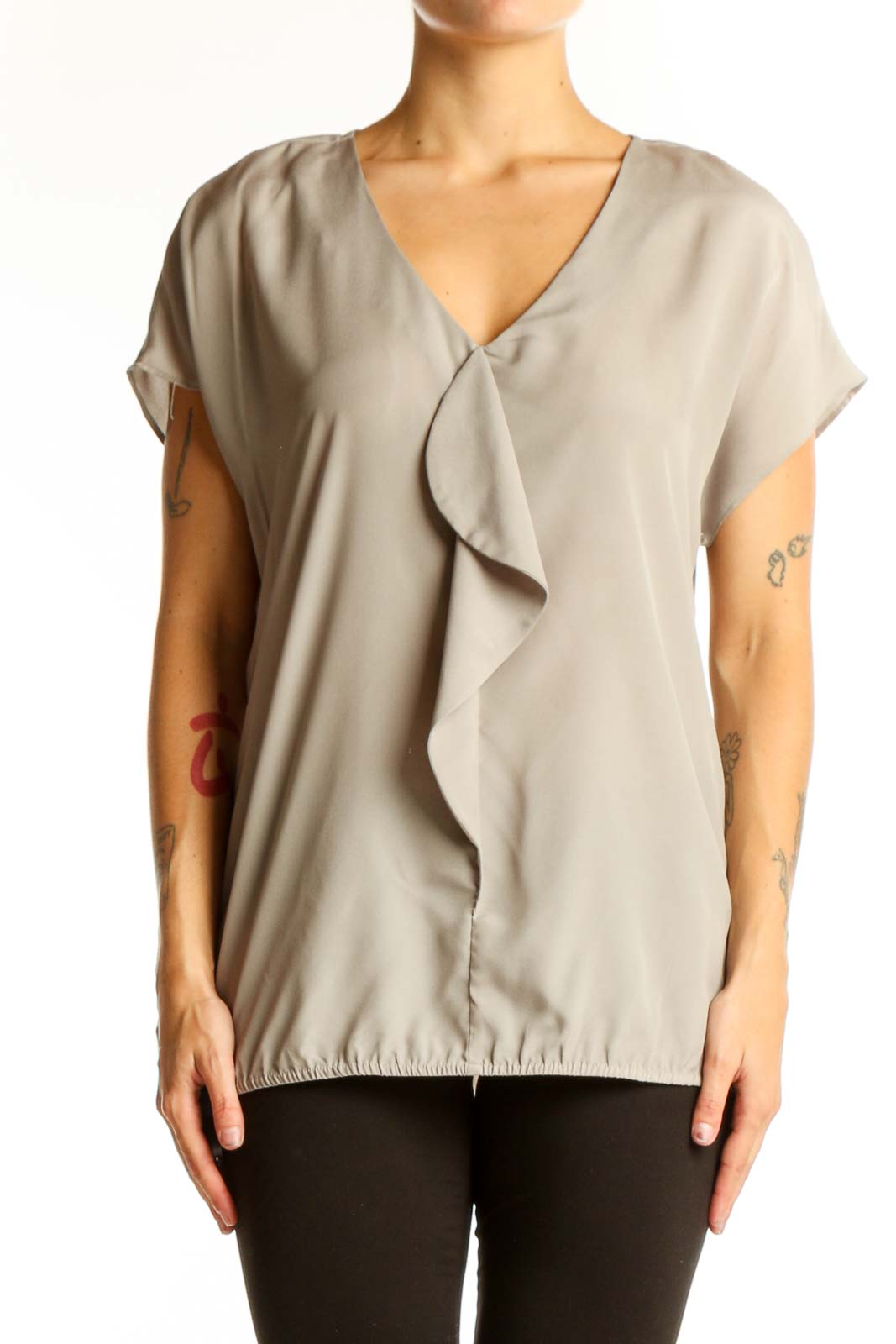 Beige Ruffled V-Neck Blouse Front
