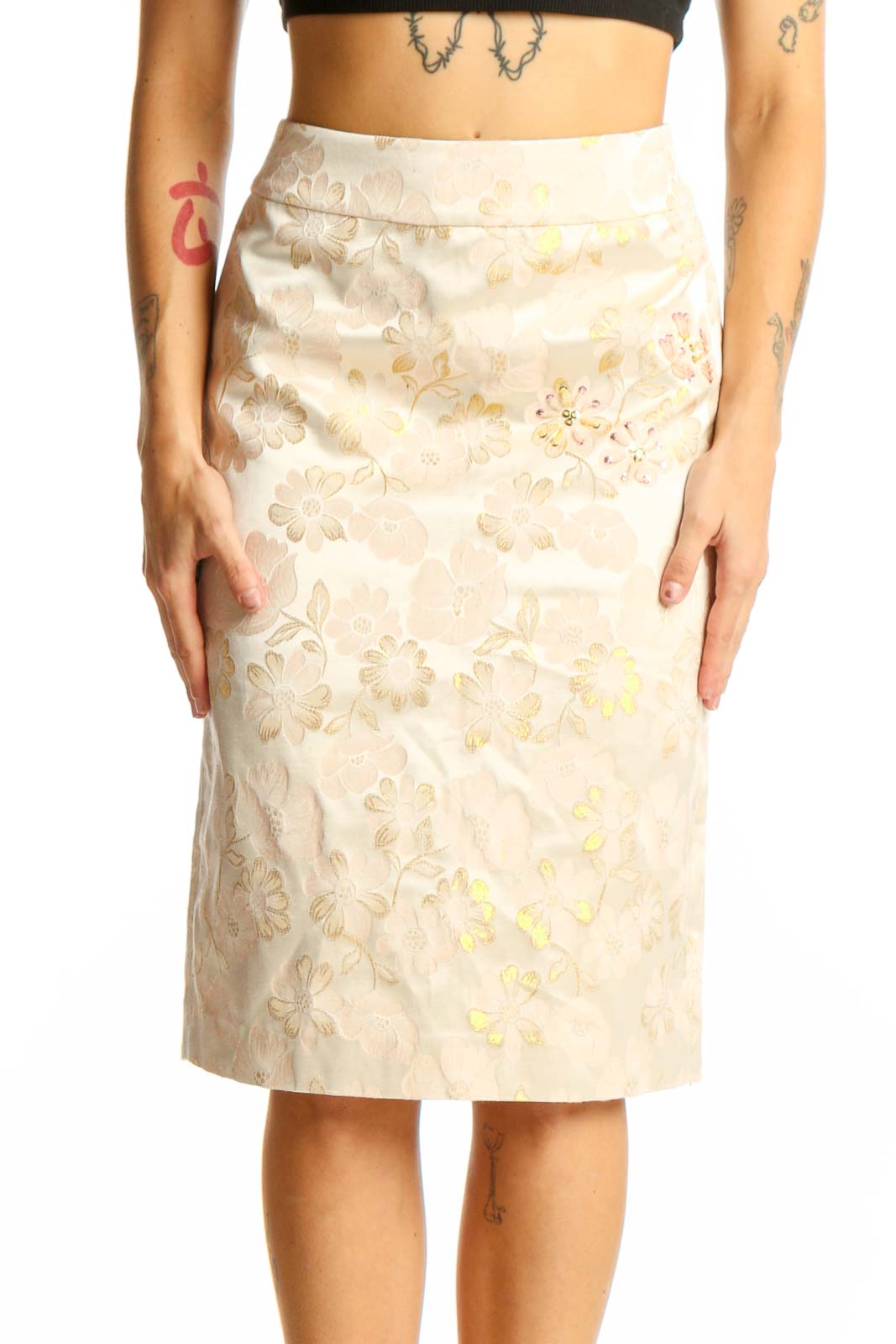 Cream Floral Embroidered Pencil Skirt Front