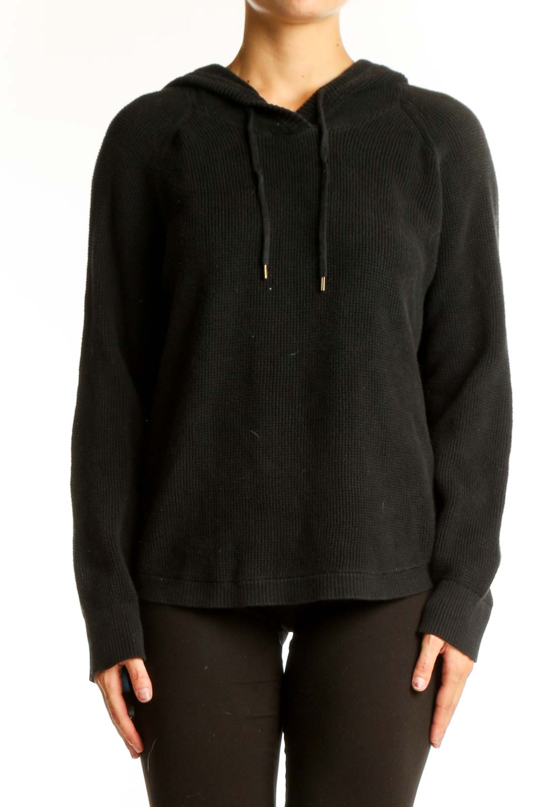 Black Cotton Knit Hoodie Sweater Front