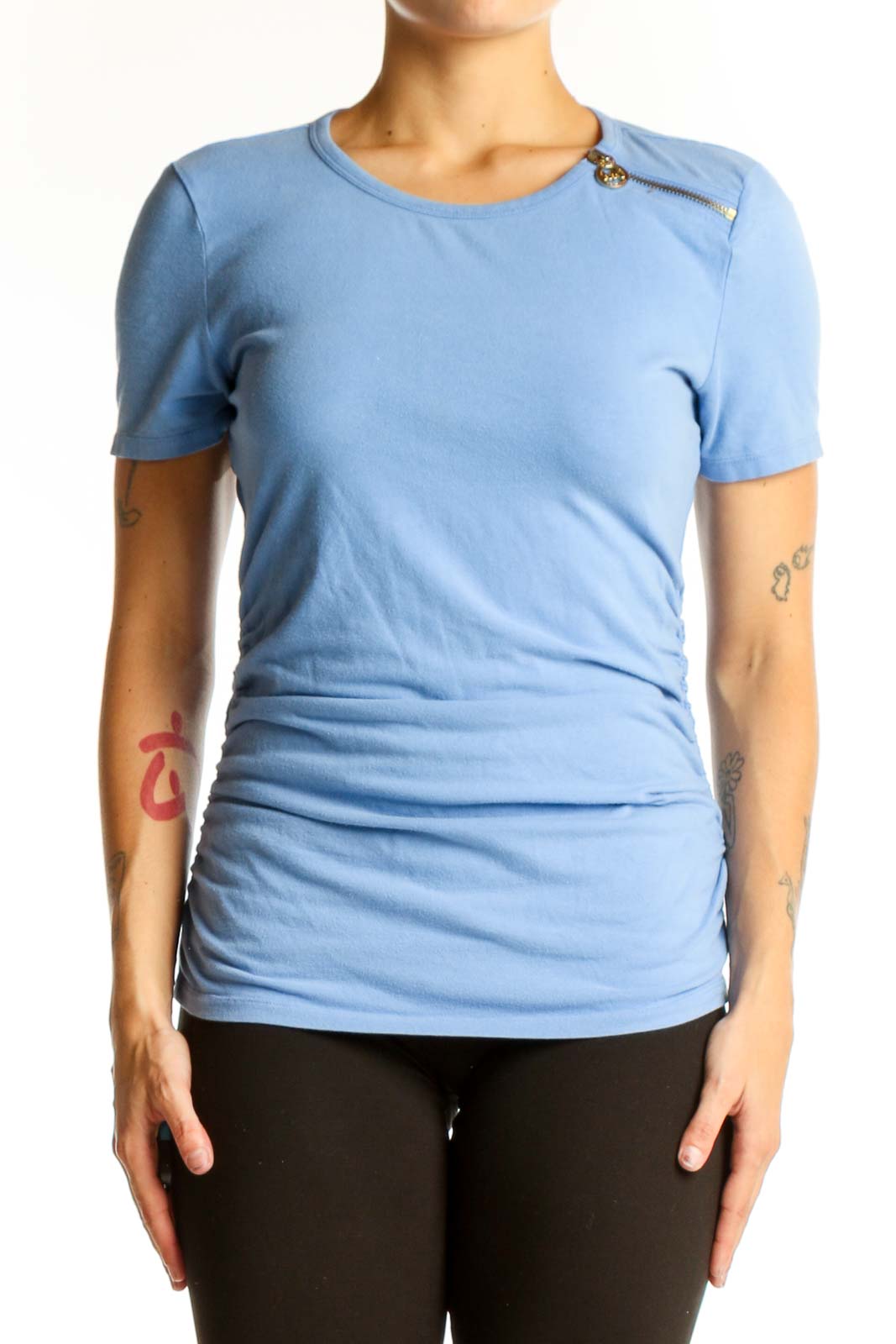 Sky Blue Cotton Ruched T-Shirt Front