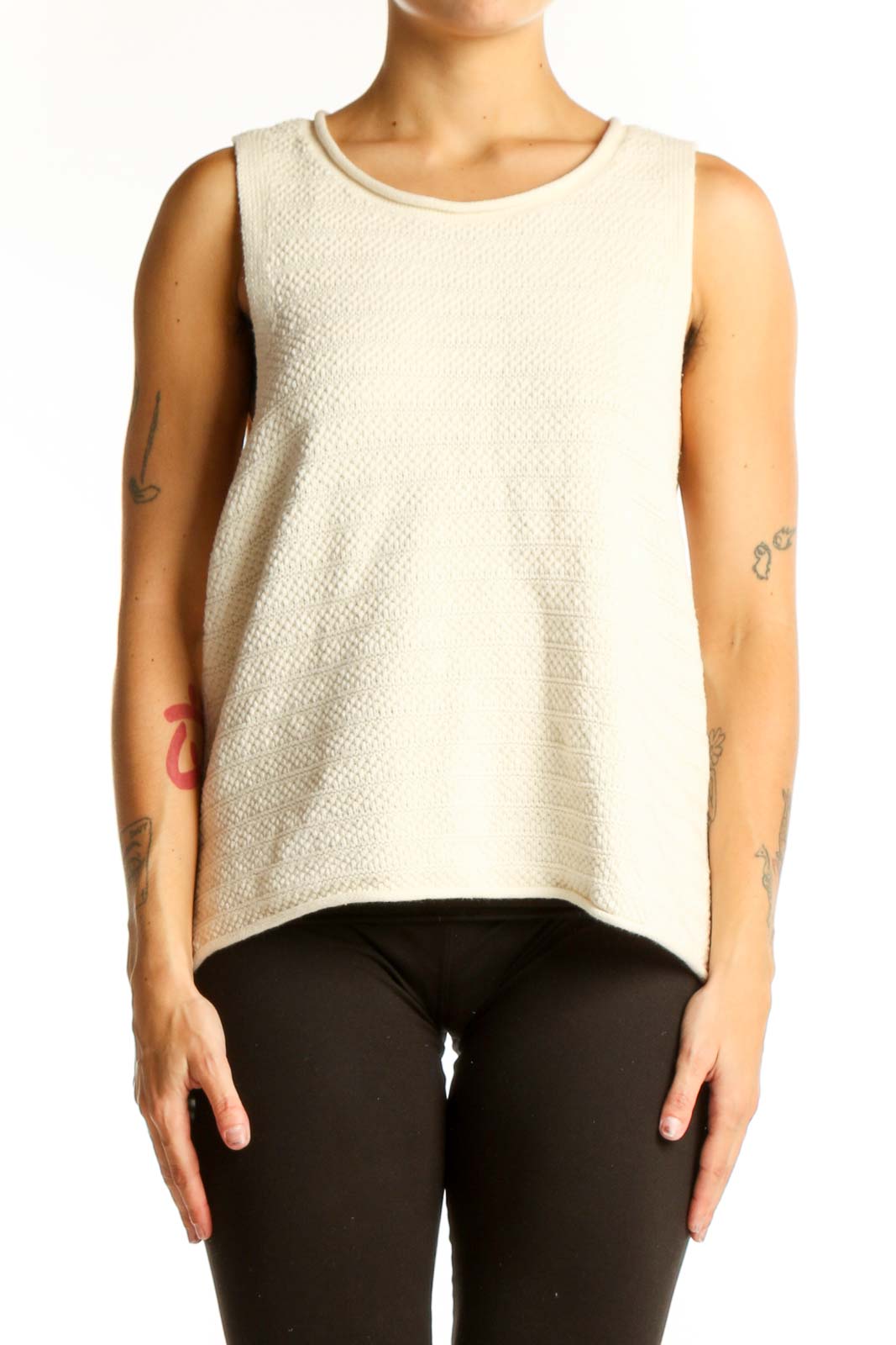 Cream Textured Sleeveless Knit Top Front
