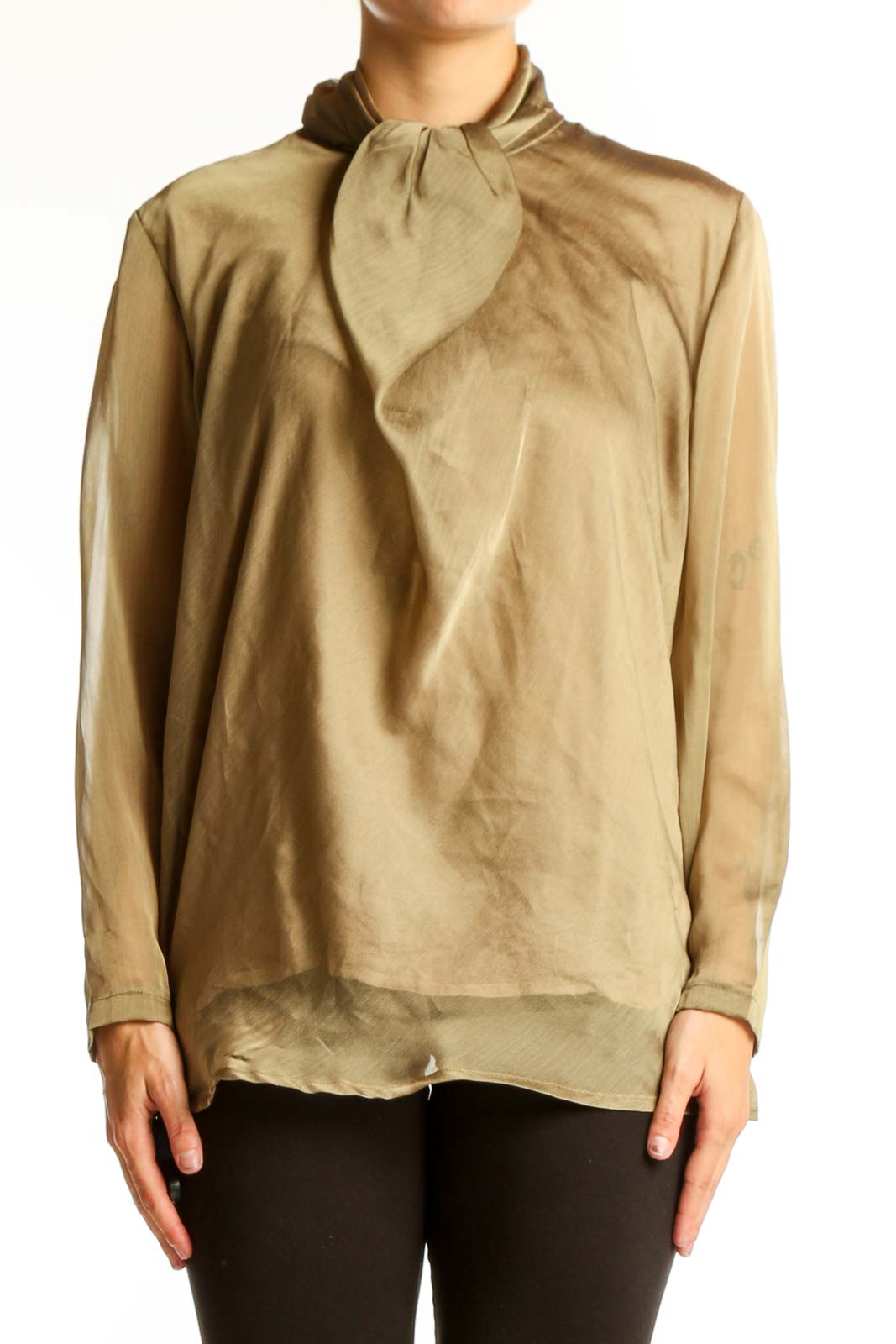 Beige Elegant Tie-Neck Blouse Front