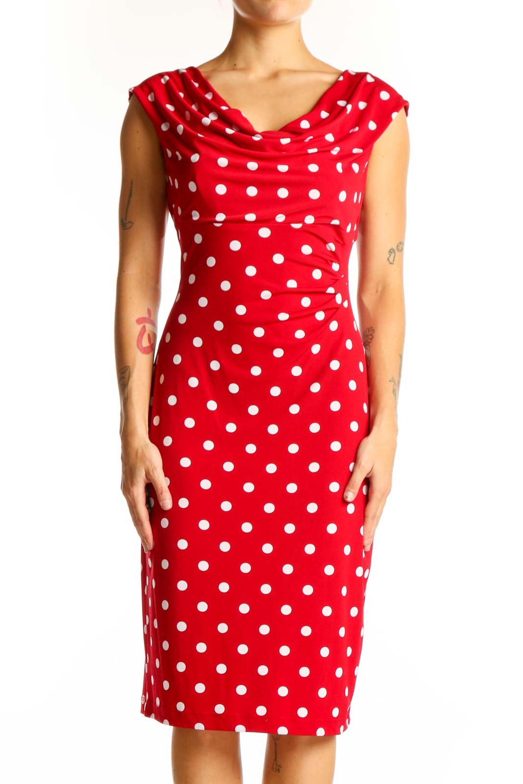 Red Polka Dot Cowl Neck Dress Front