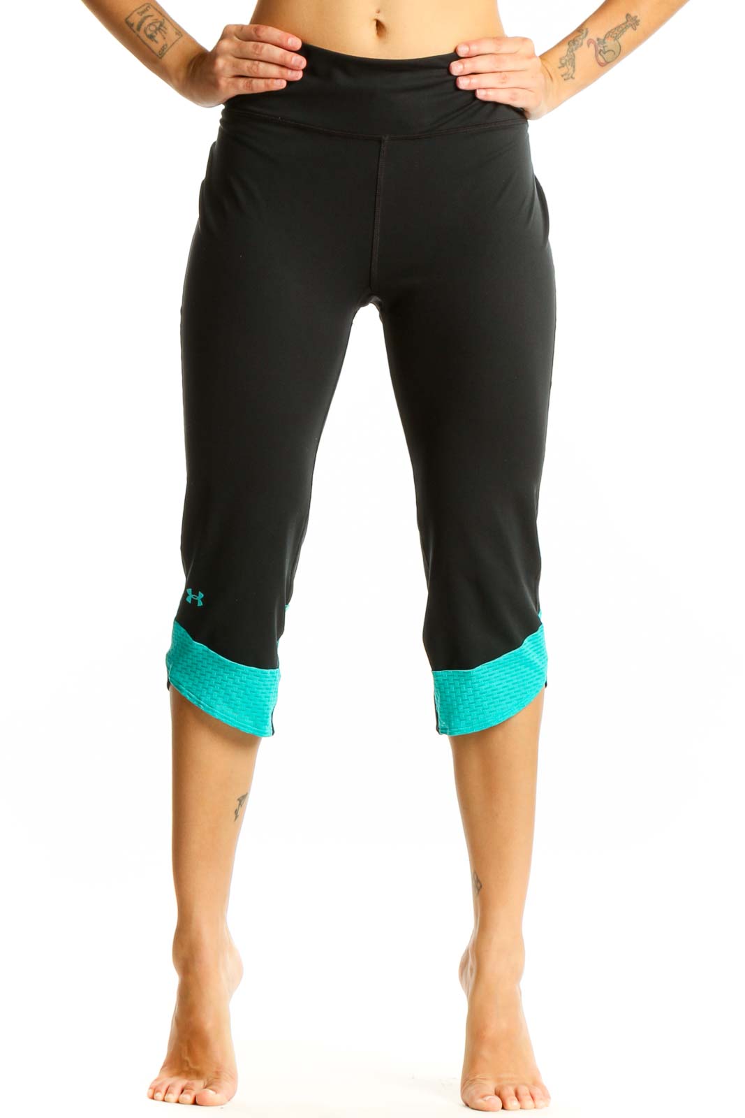 Black and Teal Capri Workout Leggings Front