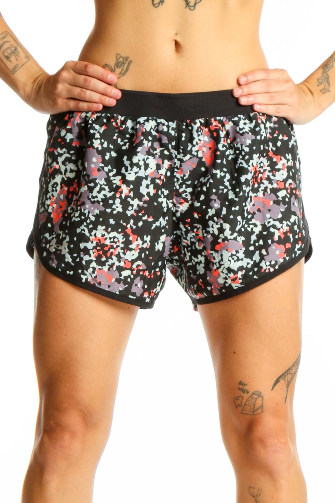 Black Floral Print Athletic Shorts Front
