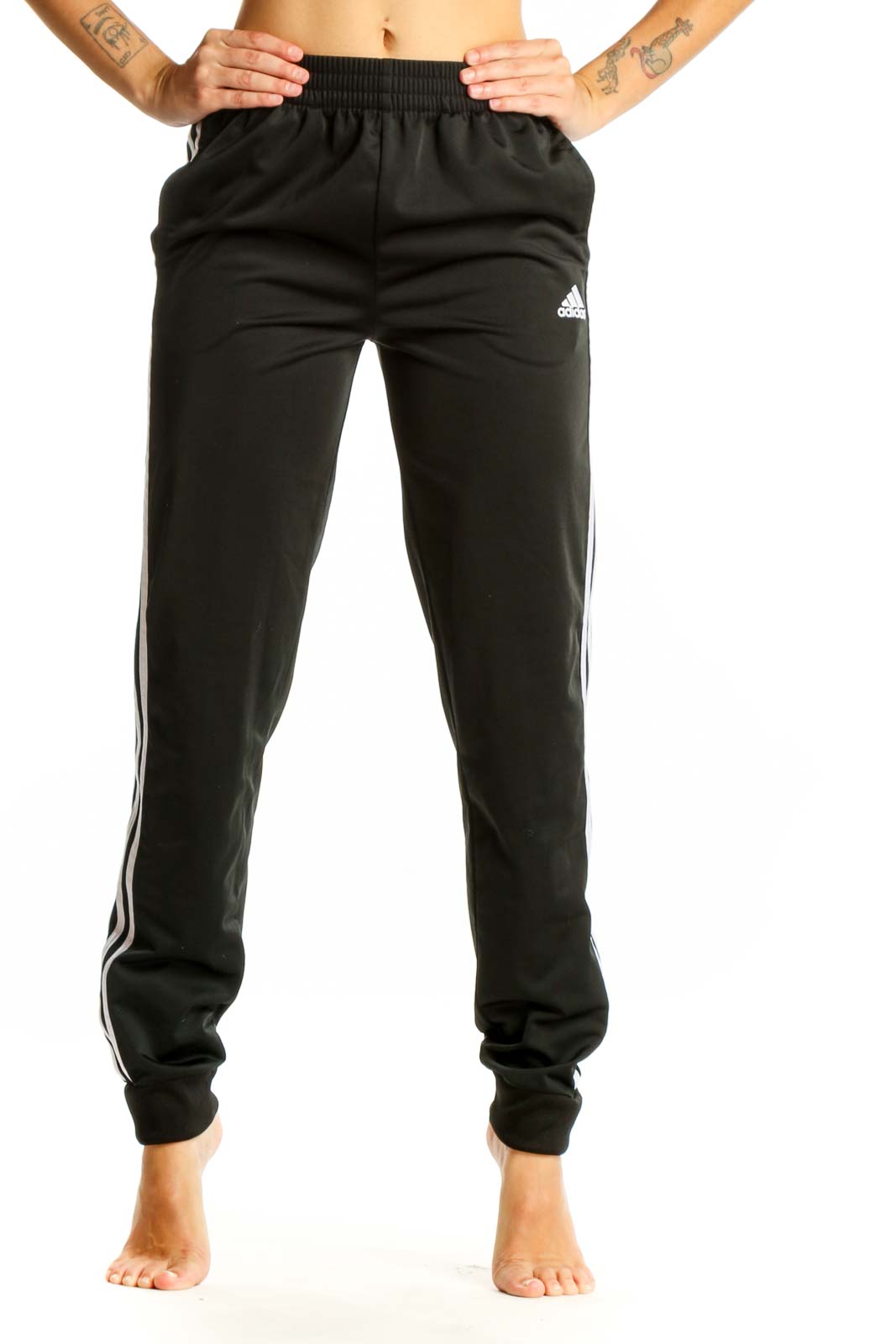 Black Adidas Track Pants with White Stripes Front