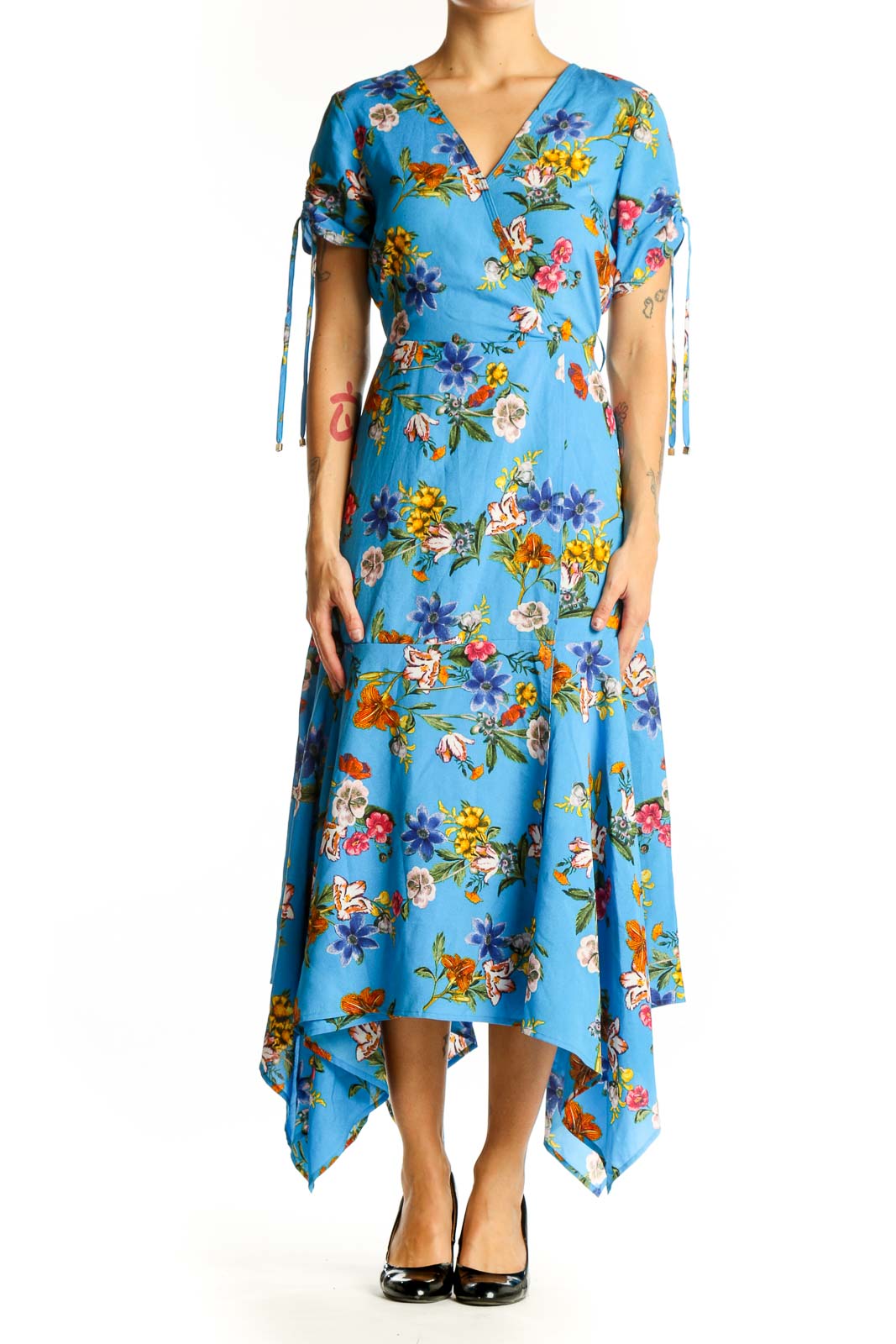 Blue Floral Wrap Midi Dress Front
