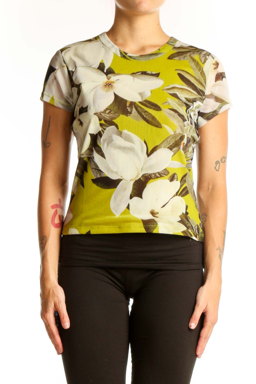 Chartreuse Floral Print Short Sleeve Top Front