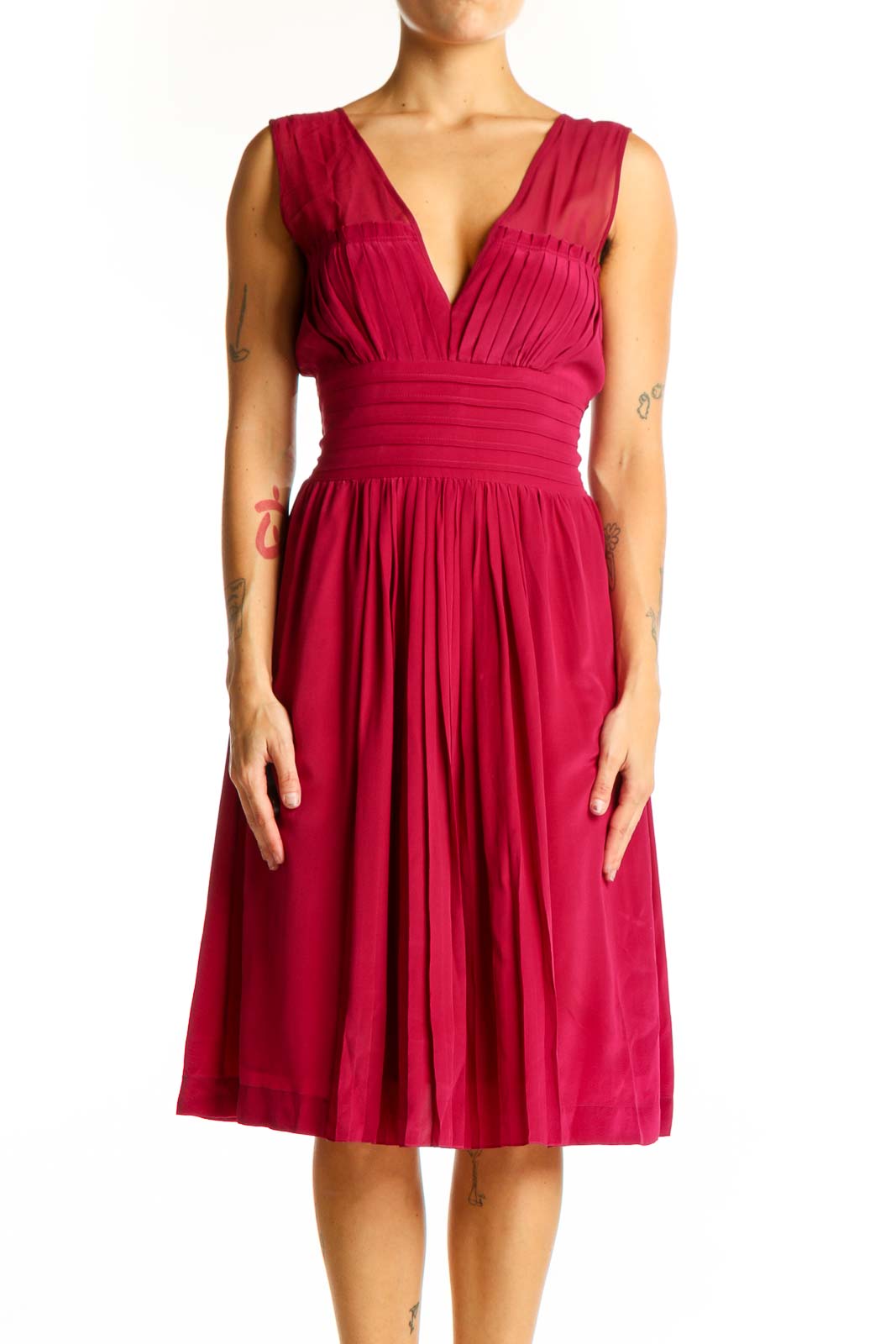 Red Silk V-Neck Pleated Cocktail Dress Front