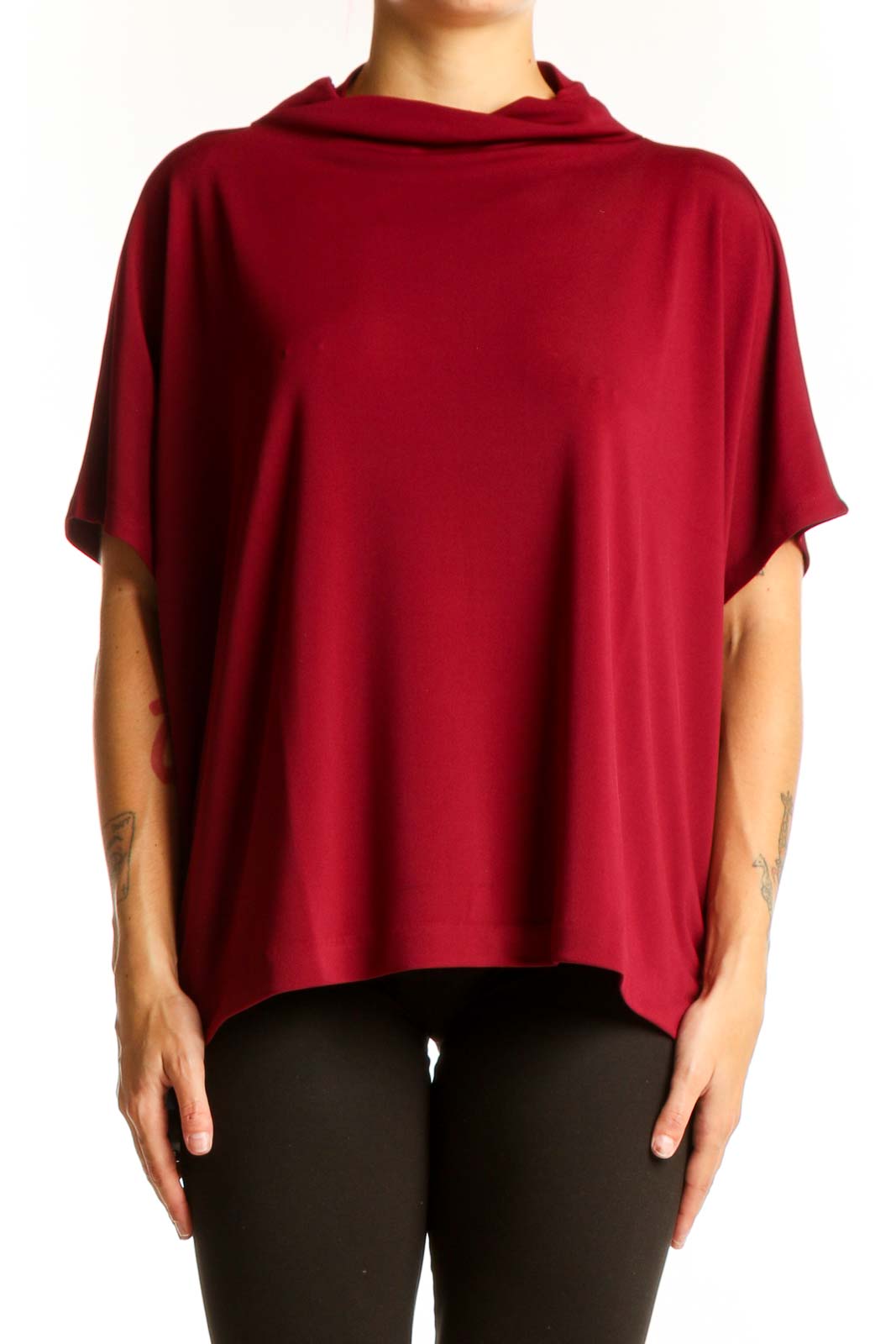 Red Cowl Neck Short Sleeve Blouse Front