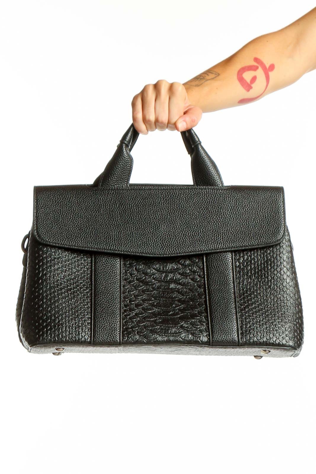 Black Textured Leather Satchel Handbag Front