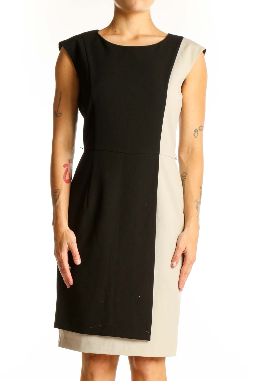 Black and Beige Color Block Sheath Dress Front