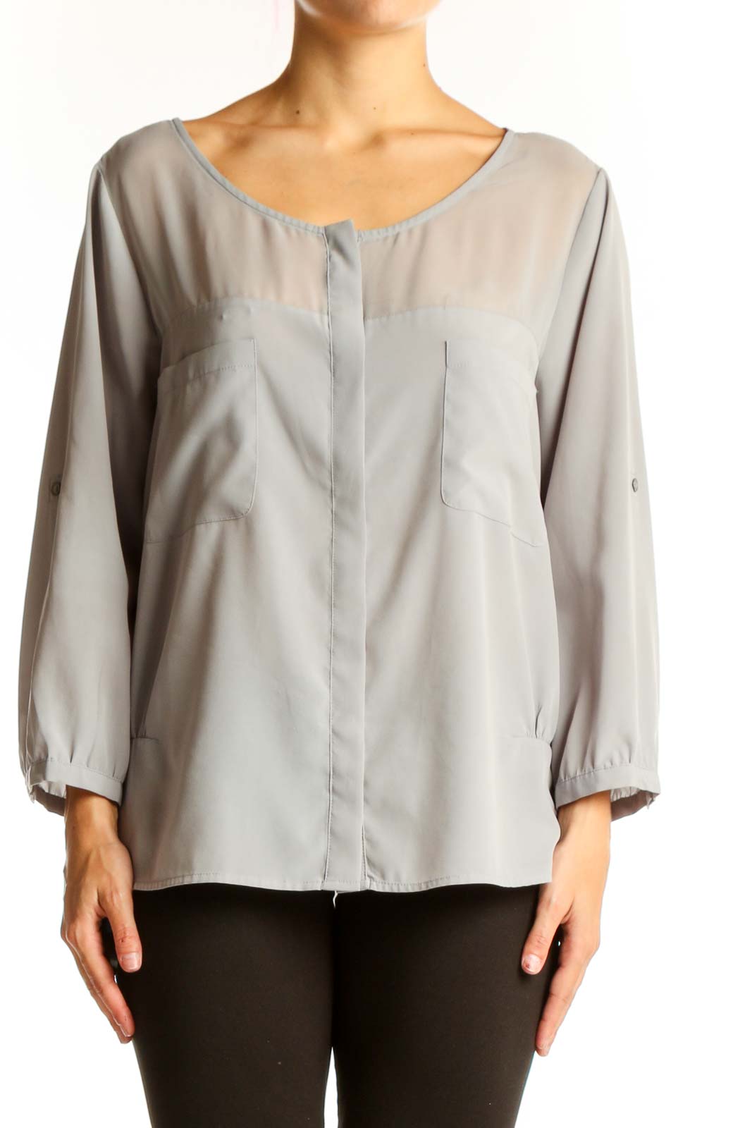 Gray Polyester Scoop Neck Blouse Front