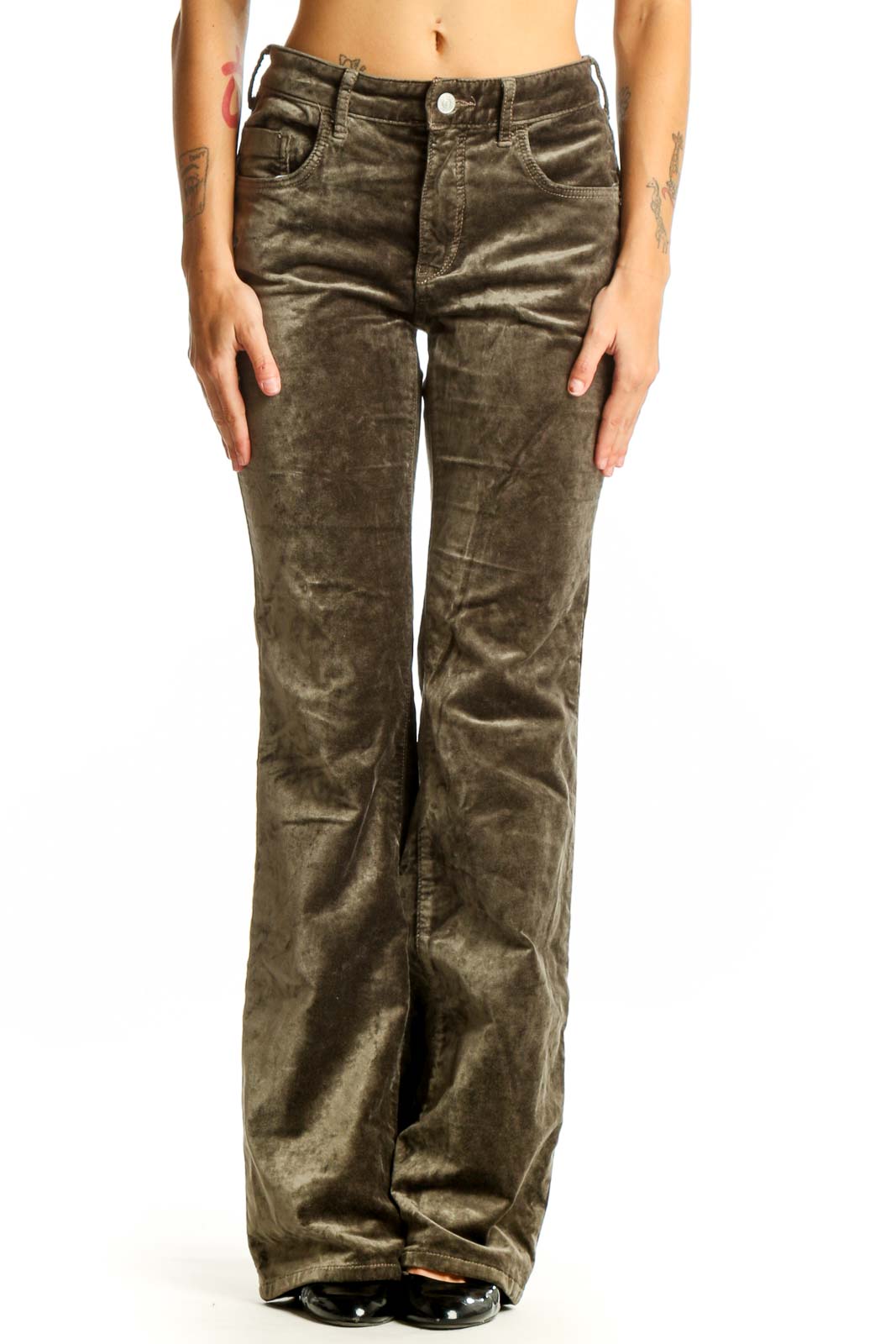 Olive Velvet Flare Pants Front