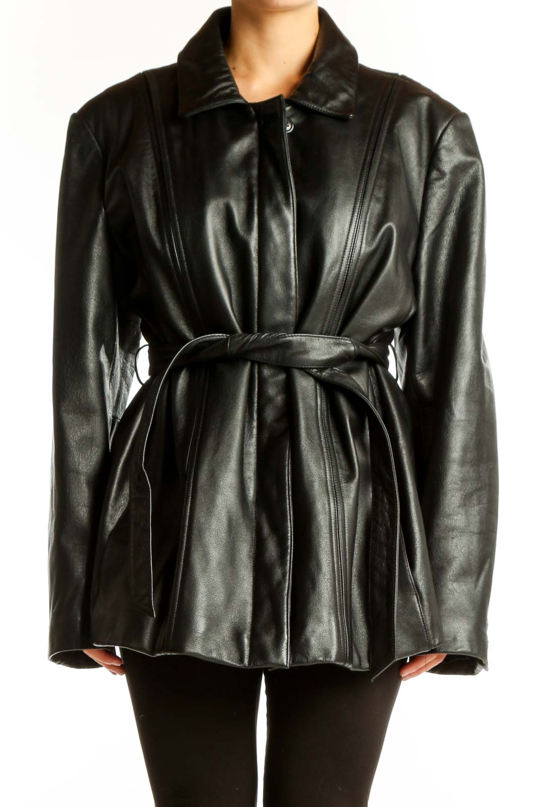 Black Belted Leather Jacket Front