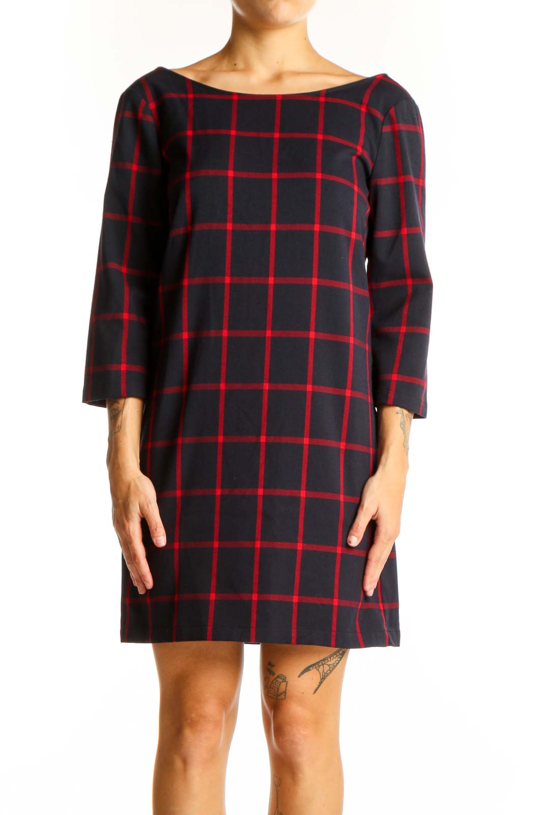Black and Red Plaid Shift Dress Front