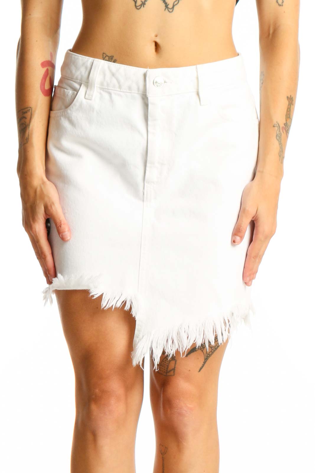 White Distressed Denim Mini Skirt Front