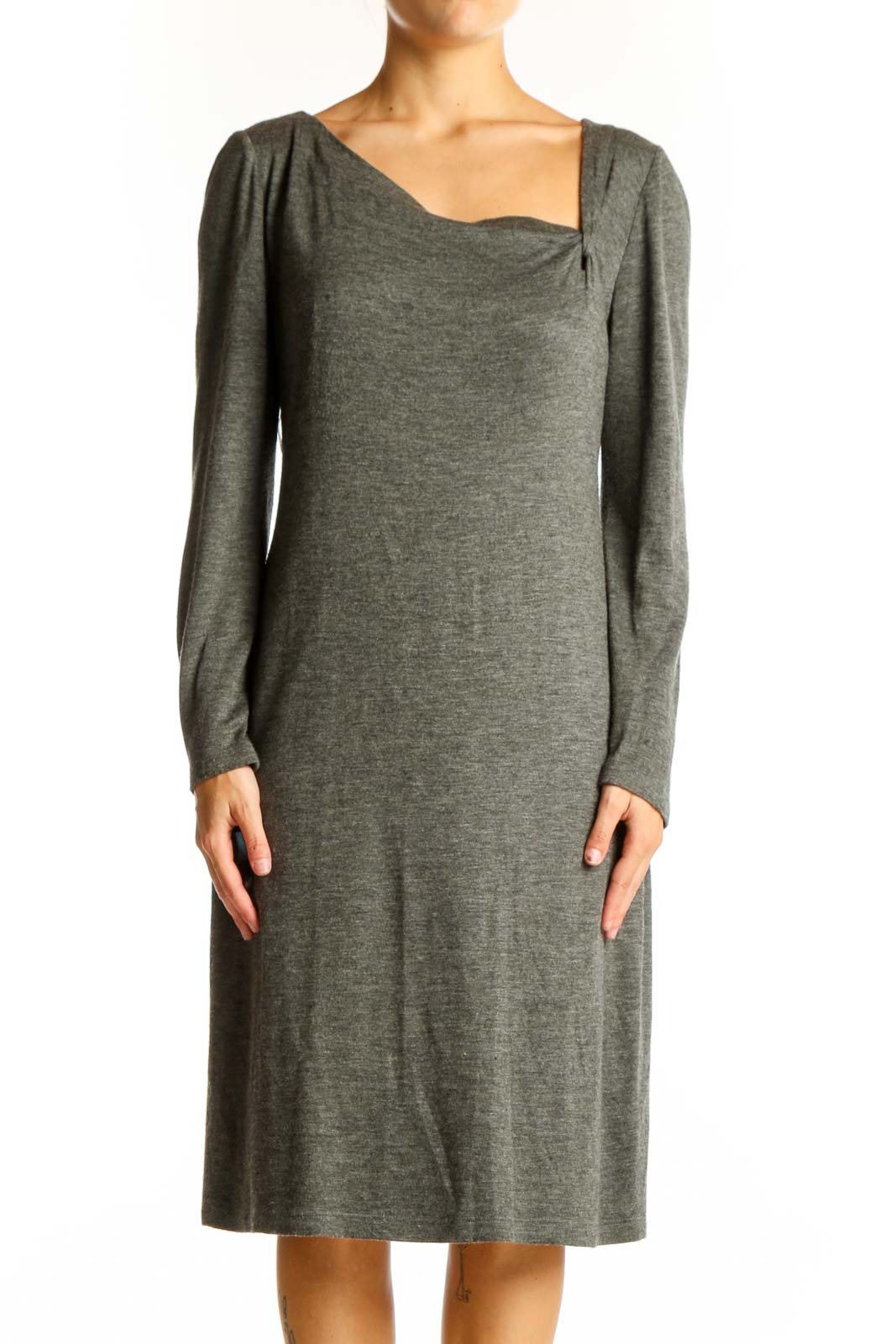 Gray Long-Sleeve Midi Dress Front