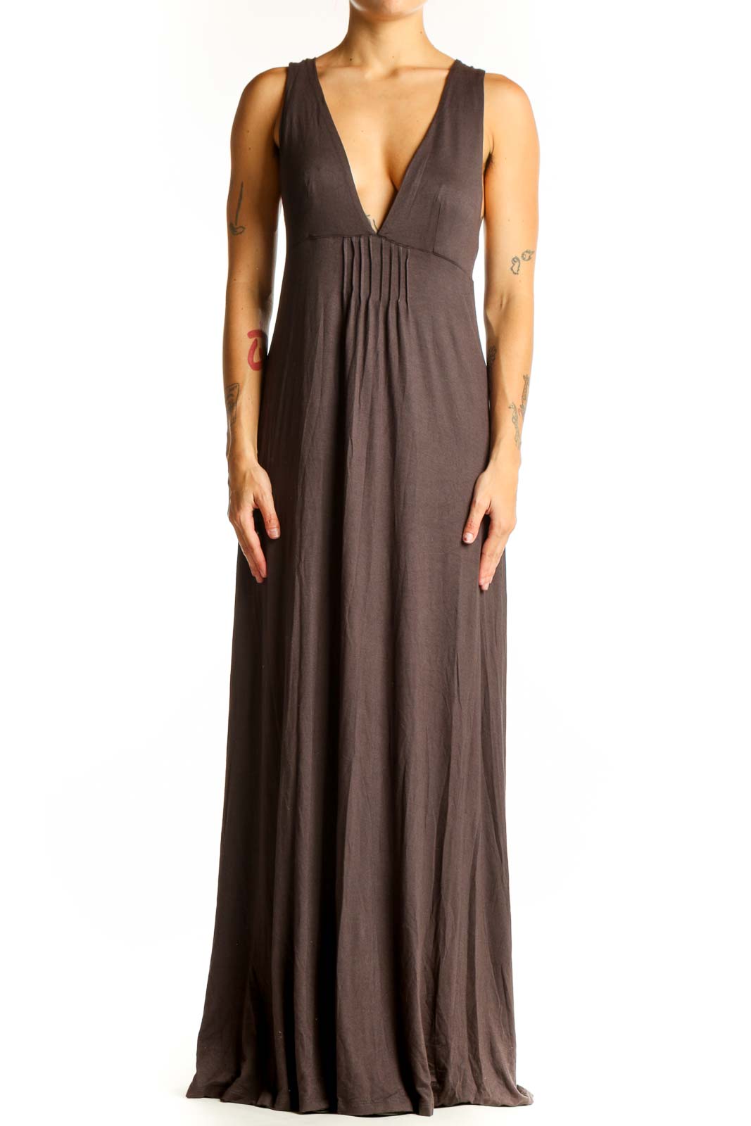 Brown Plunging V-Neck Maxi Dress Front