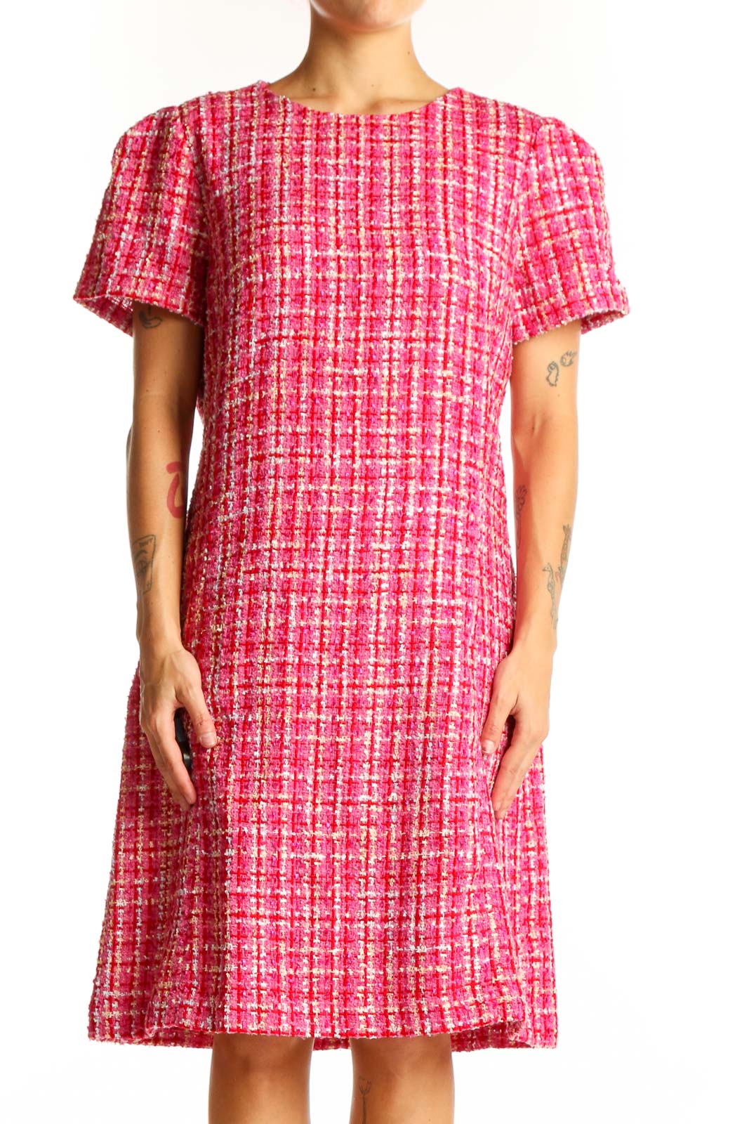 Pink Tweed Short Sleeve Shift Dress Front