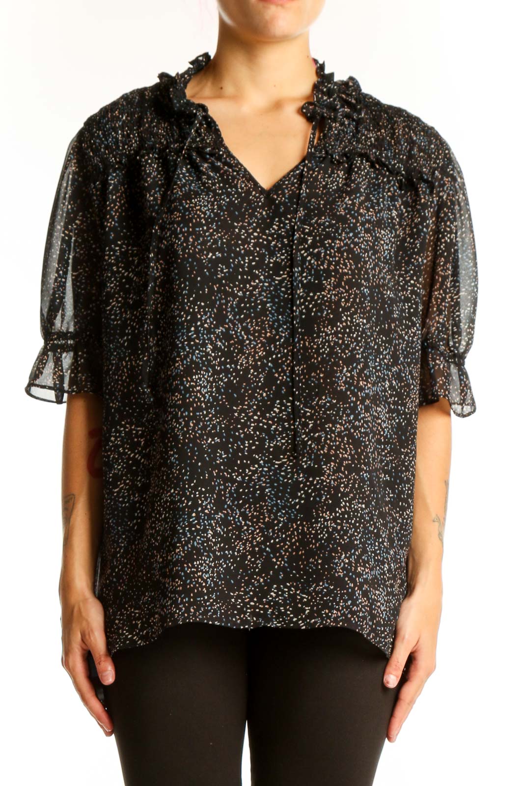 Black Speckled Sheer Ruffle-Neck Blouse Front