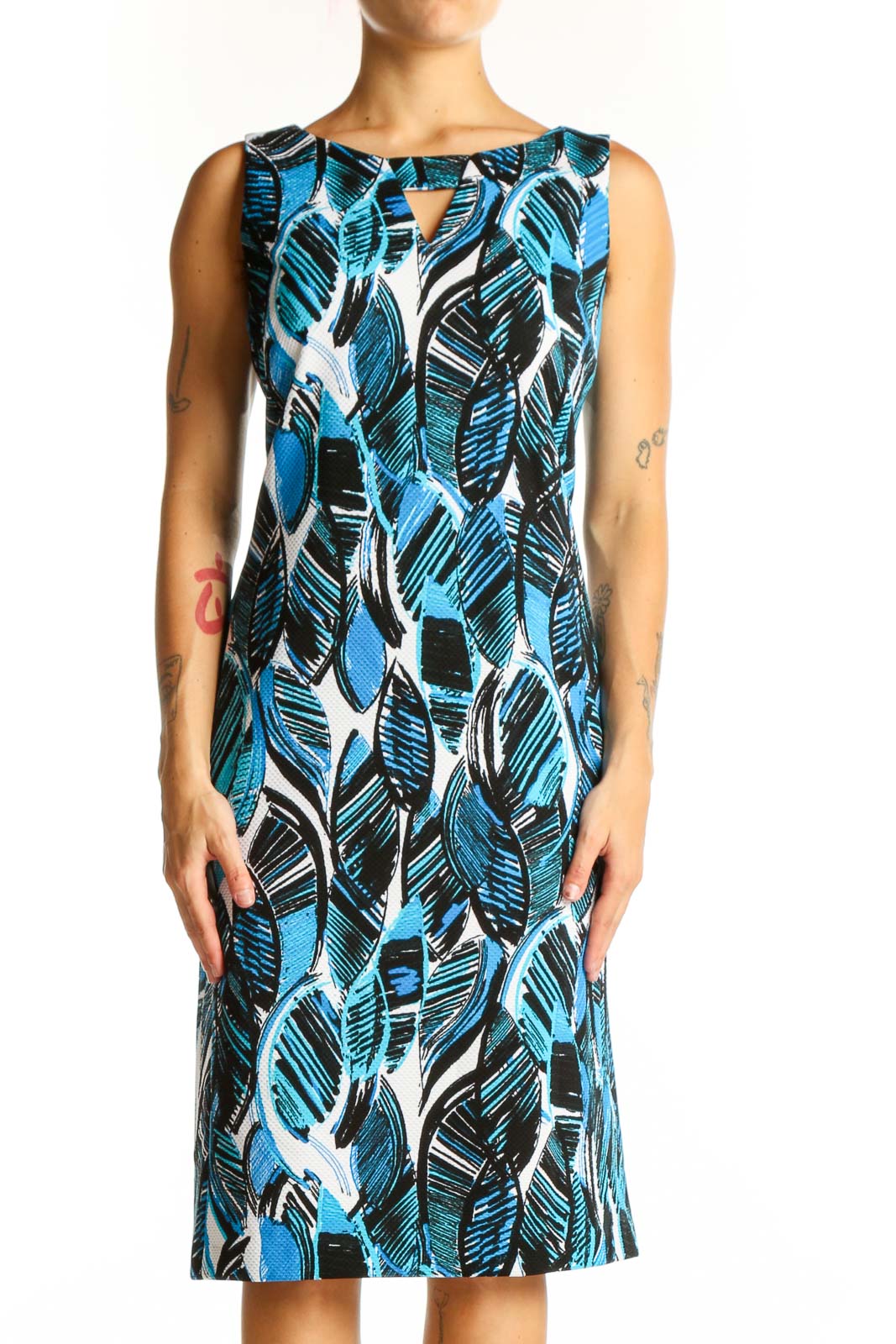 Blue Leaf Print Sleeveless Sheath Dress Front