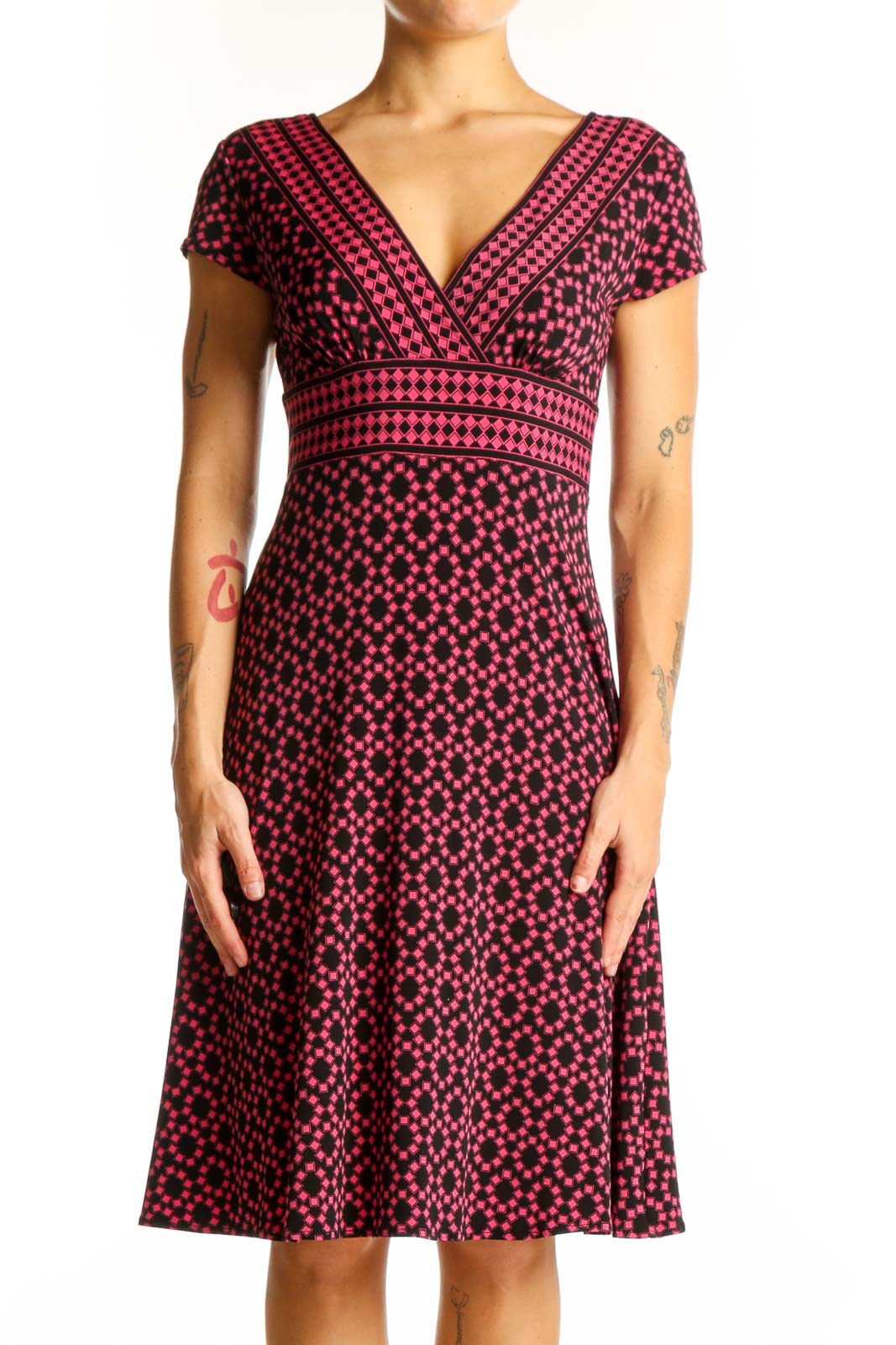 Pink Polka Dot V-Neck Midi Dress Front