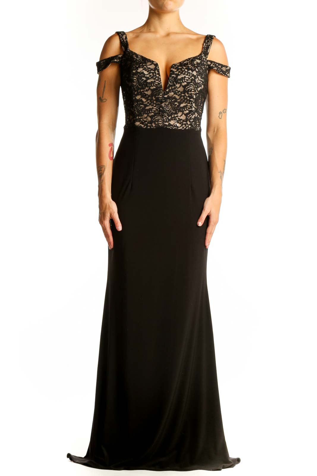 Black Lace Cold Shoulder Evening Gown Front