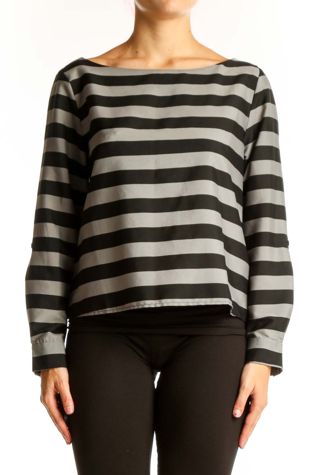 Black and Gray Striped Long Sleeve Top Front