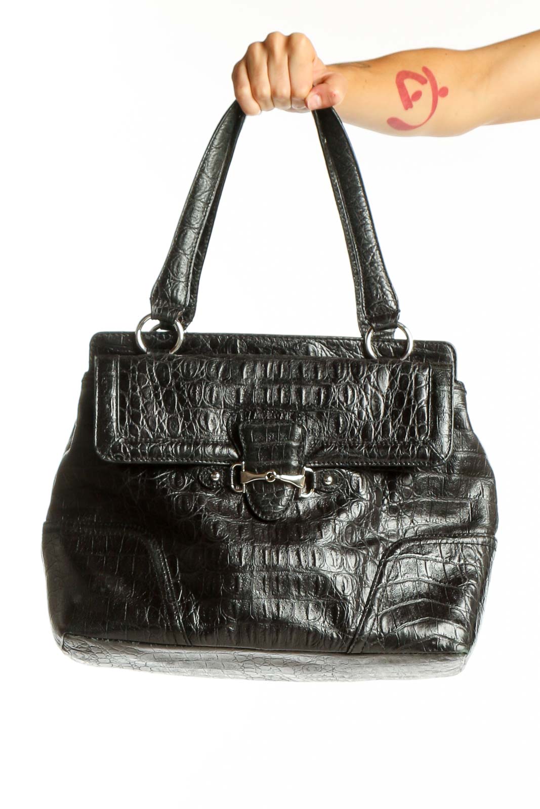 Black Croc-Embossed Leather Shoulder Bag Front