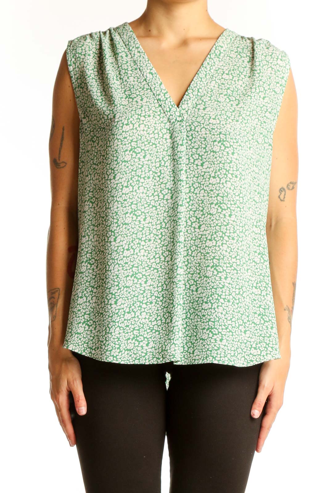Green Floral Sleeveless V-Neck Blouse Front