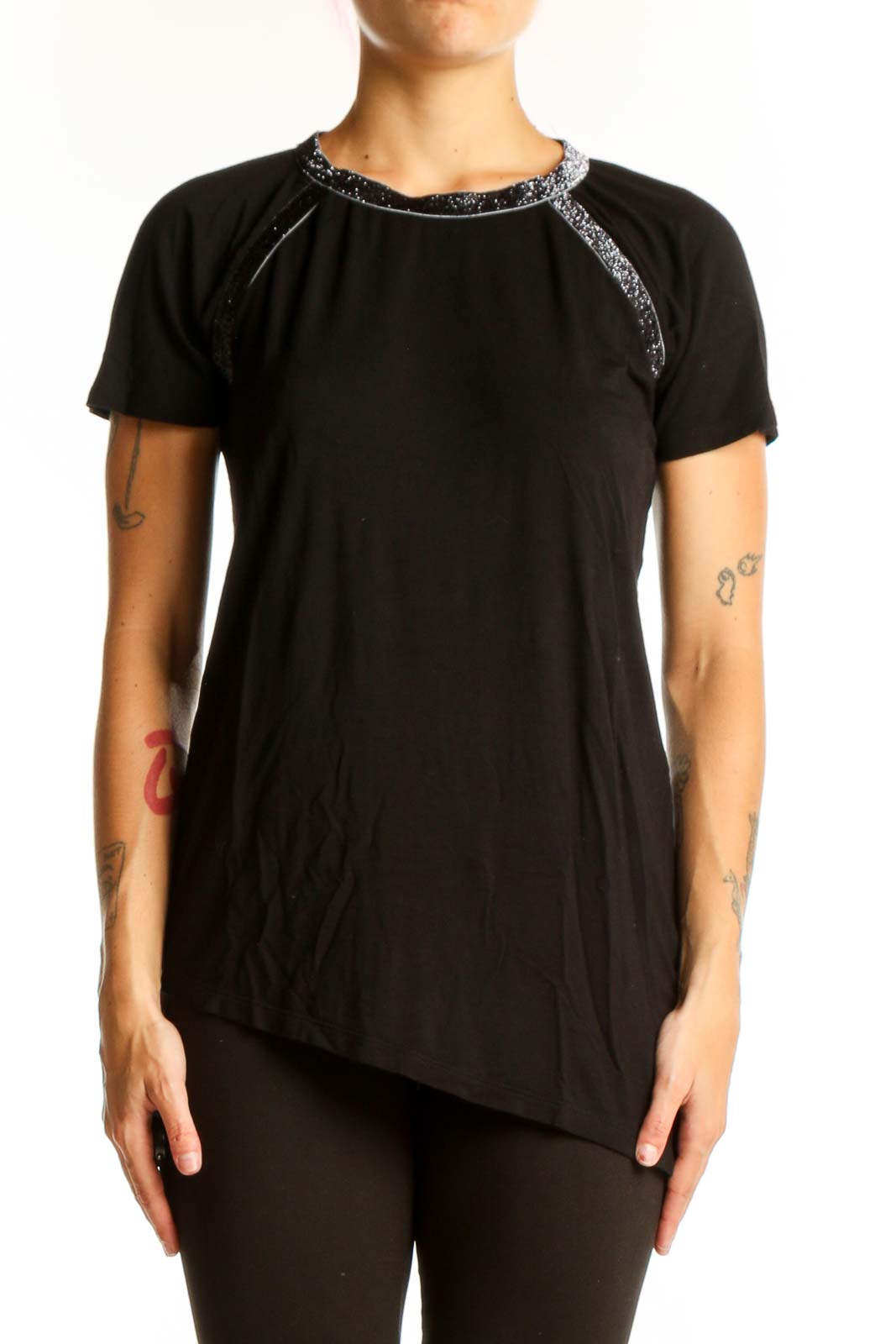Black Asymmetrical Short Sleeve Top Front