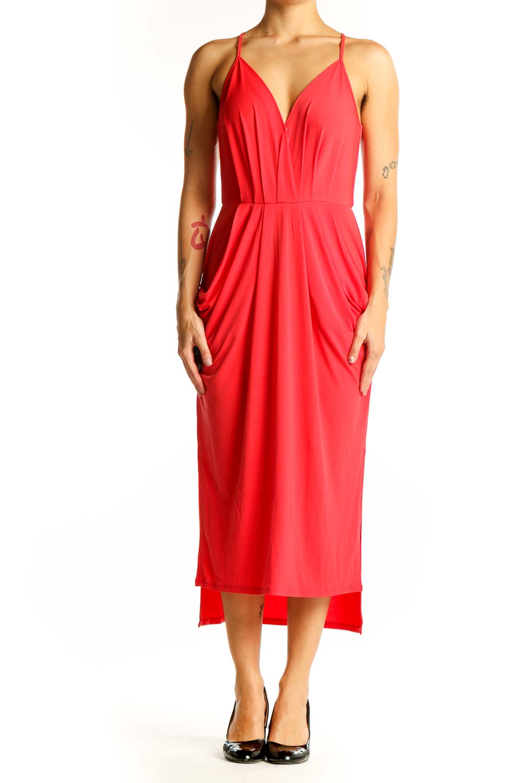 Red Draped Midi Cocktail Dress Front