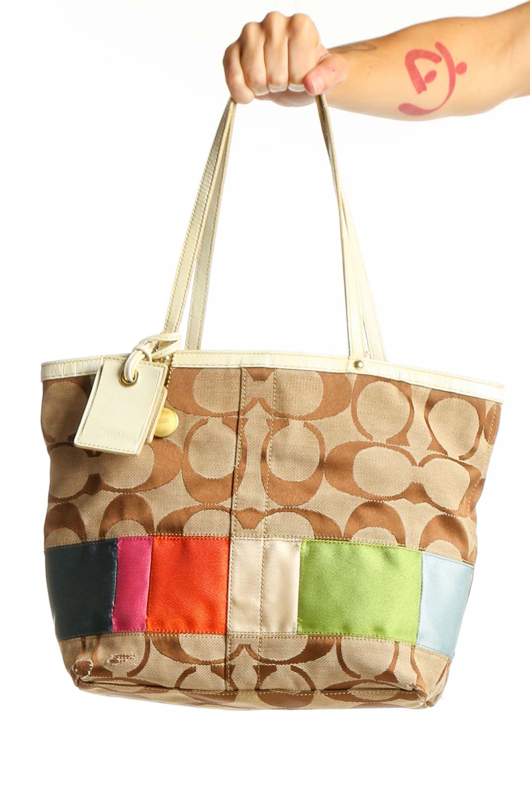Beige Multicolor Stripe Tote Bag Front
