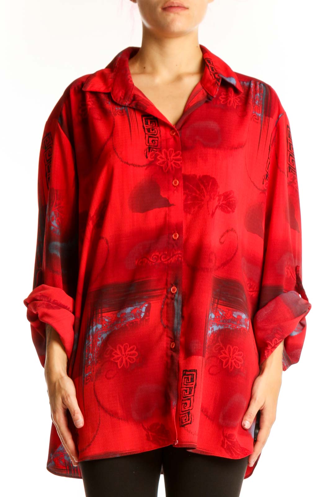 Red Floral Print Oversized Button-Down Shirt Front