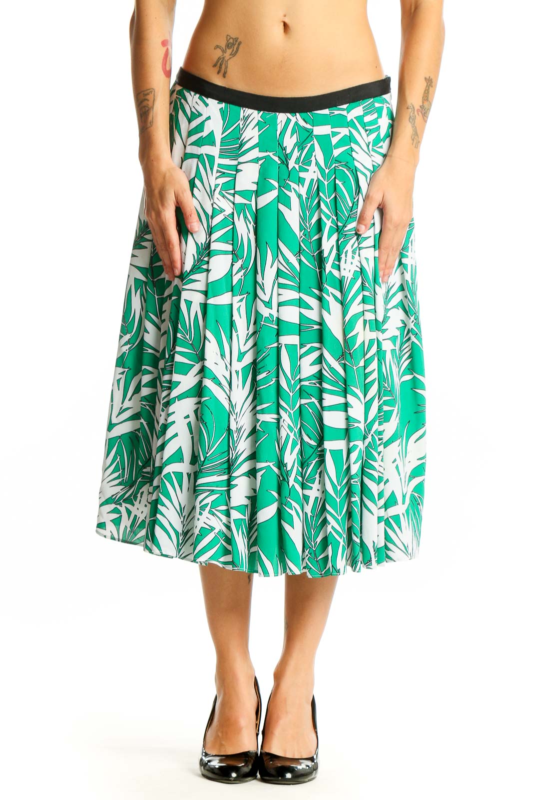 Green Tropical Print Pleated Midi Skirt Front