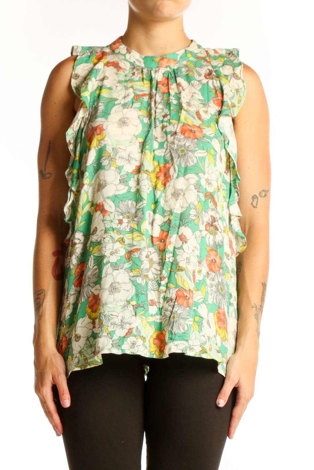 Green Floral Sleeveless Ruffle Top Front