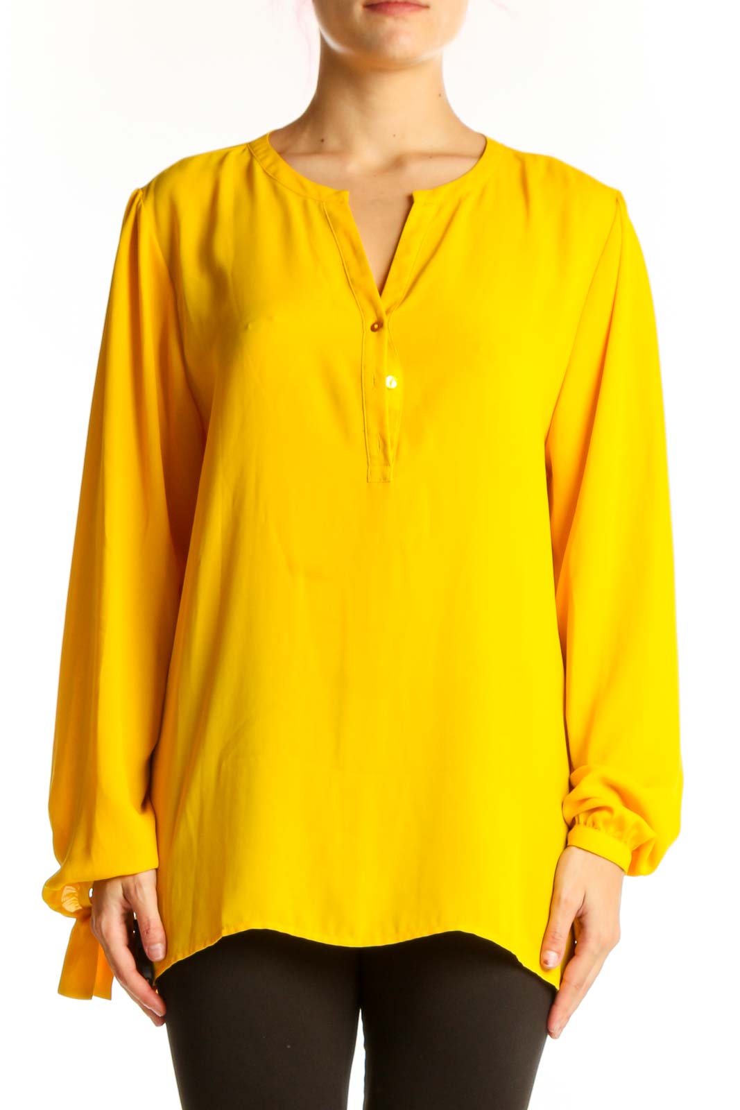 Yellow Long Sleeve V-Neck Blouse Front