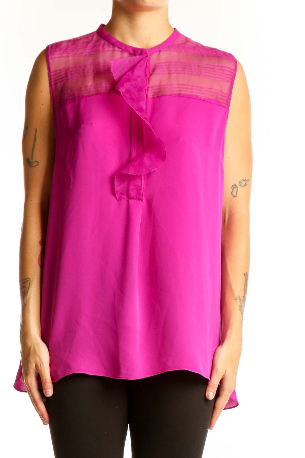 Fuchsia Silk Sleeveless Ruffle Blouse Front