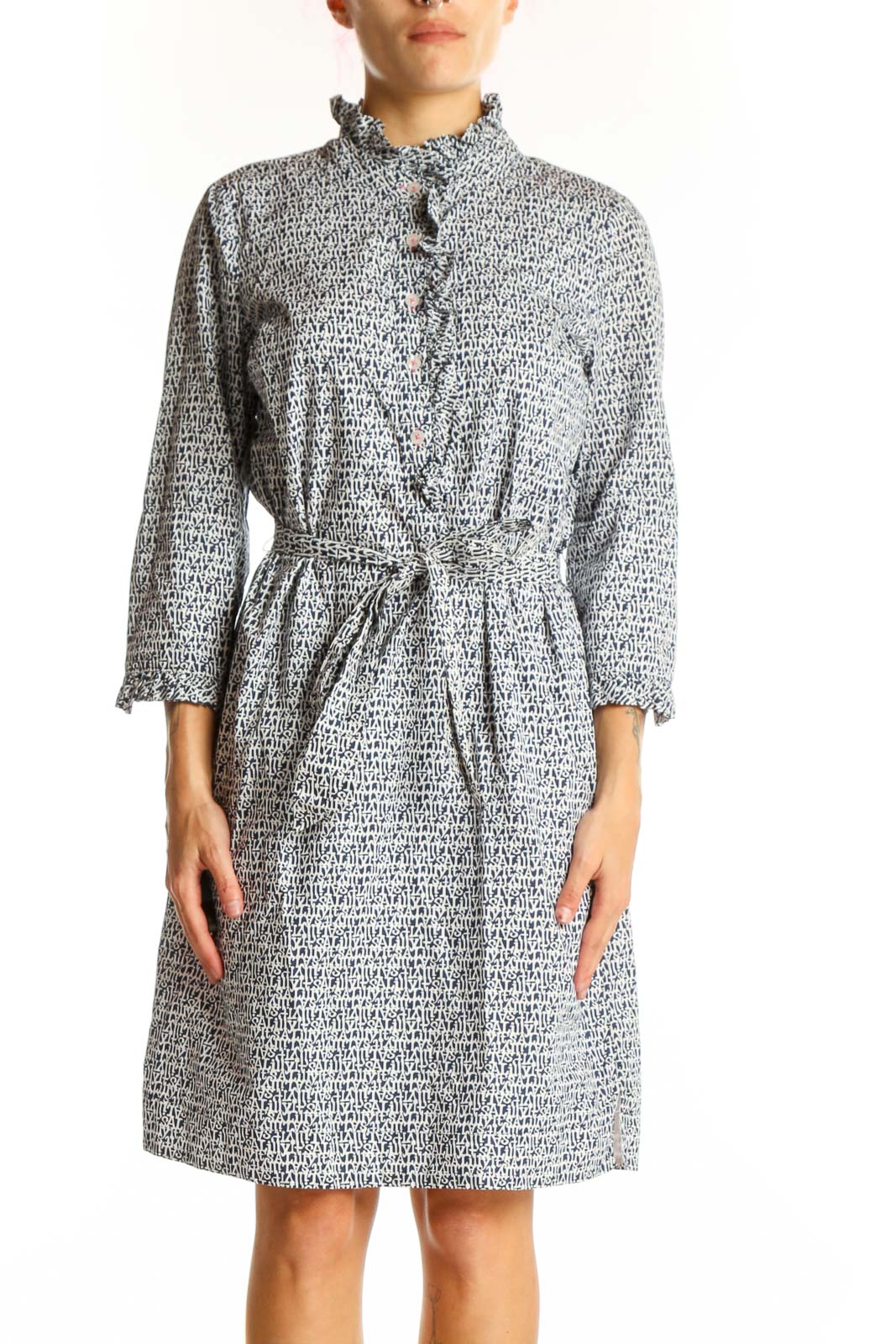 Gray Patterned Cotton Shirt Dress Front