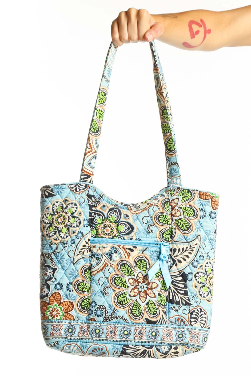 Blue Floral Quilted Tote Bag Front