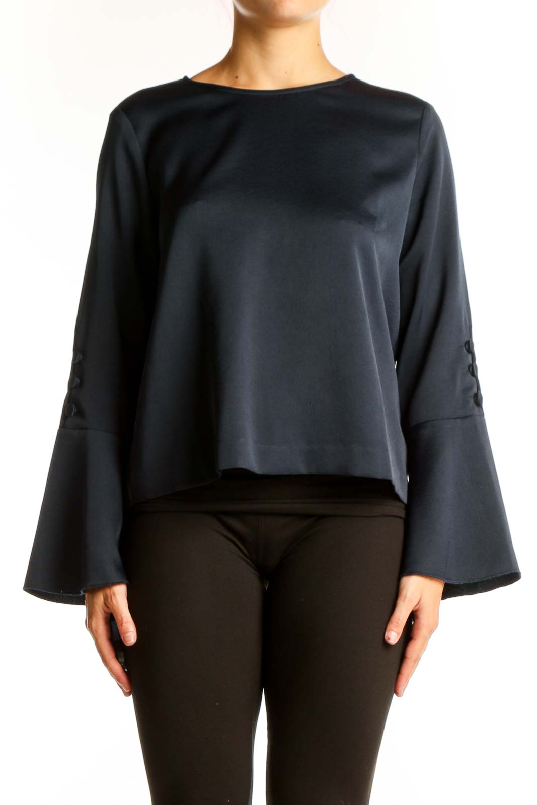 Navy Bell Sleeve Polyester Blouse Front