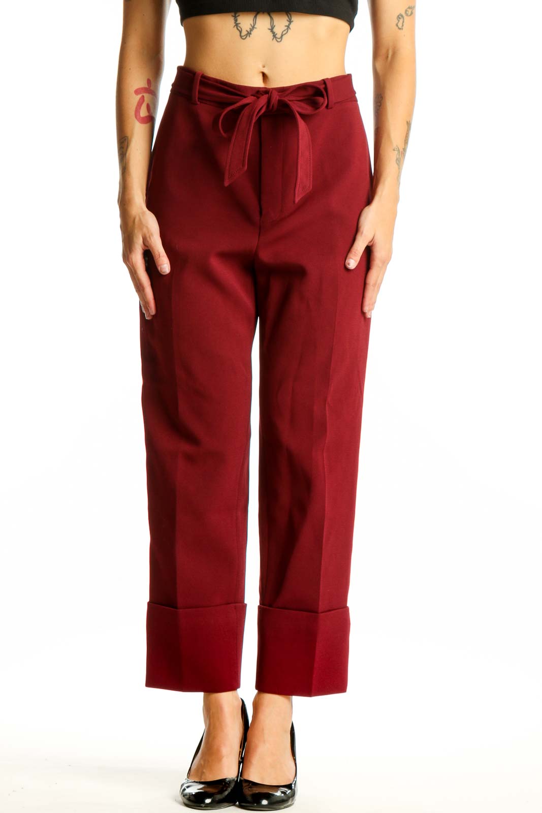 Burgundy Belted Wide-Leg Trousers Front